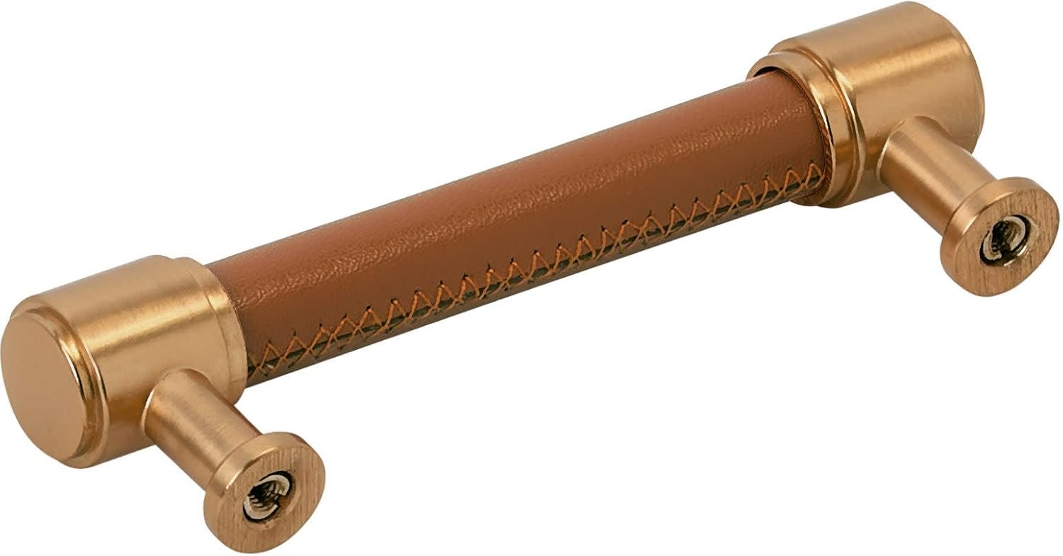 Signature Hardware 954069-334 Lazzara 3-3/4 Inch Center to Center Cognac Leather Bar Cabinet Pull - Brushed Gold