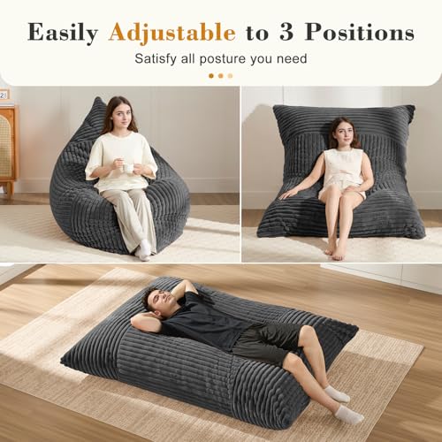Image of 3-in-1 Giant Bean Bag Chair for Adults & Kids, Convertible Floor Sofa to Mattress, Memory Foam Beanbag Chair with Washable Cover, Multi Functional Lounge Couch for Bedroom, Living Room (Dark Grey)