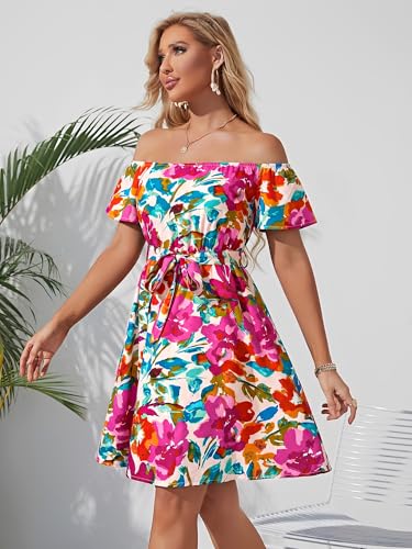 Image of Off Shoulder Ruffle Dress for Women, A-Line Mini Dress with Belt, Fitted Bust Summer Wedding Guest Dress