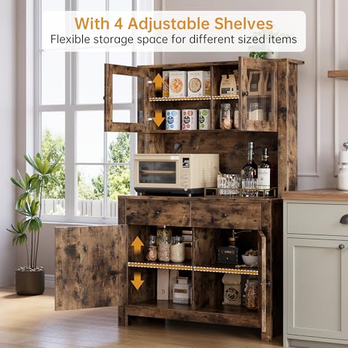 GarveeHome Kitchen Pantry Cabinet with Microwave Stand, Freestanding Hutch Cabinet with Buffet Cupboard, Tall Kitchen Cabinets with Adjustable Shelves for Dining Room, Brown