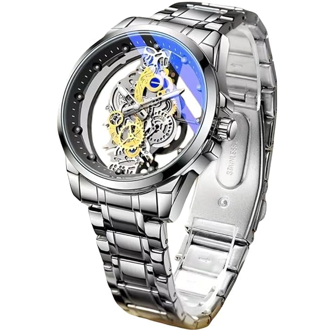 Image of Rick Automatic Skeleton Watch for Men, Mechanical Movement, Stainless Steel Strap, Transparent Dial, Premium Luxury Wrist Watch for Party & Formal Wear (Ice Silver)