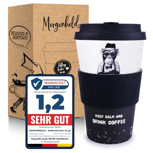 Morgenheld Coffee-to-go Becher Monkey 380ml | Porzellan Kaffeebecher mit Silikondeckel, BPA-frei, nachhaltiger Trinkbecher mit Deckel, plastikfrei verpackt | Perfekt für Kaffee, Tee & unterwegs