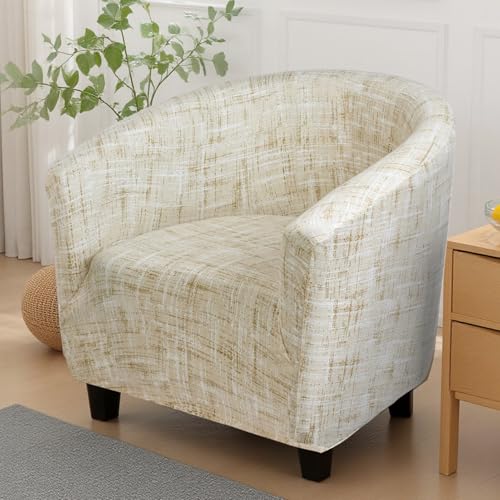 Image of SearchI Club Chair Slipcover Stretch Barrel Chair Covers Printed Tub Chair Slipcovers Soft Spandex Armchair Sofa Cover Removable Couch Furniture Protector for Living Room (Beige Linen-Look Print)