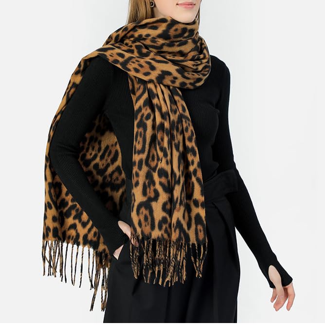 CORIRESHA Women's Cashmere Leopard Print Fringing Hem Warm Winter Long Scarf Shawl4