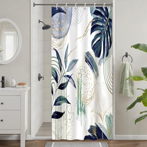 Rideau Douche Anti Moisissure, Uiiooazy Rideau de Douche 90x180cm Bleu Marine Tropicale Feuilles de Palmier Jungle Étroit Rideaux de Baignoire Tissu Lavable Imperméable Rideaux de Bain avec 6 Crochets