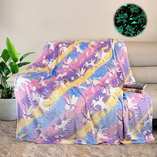 Glow In The Dark Unicorn Blanket For Girls,Luminous Unicorns Blanket for Boys Girls,Super Soft Fuzzy Plush Flannel Furry Fleece Blanket Bed,Sofa,Birthday Unicorn Gifts (Unicorn 06, 130 x 150 cm)