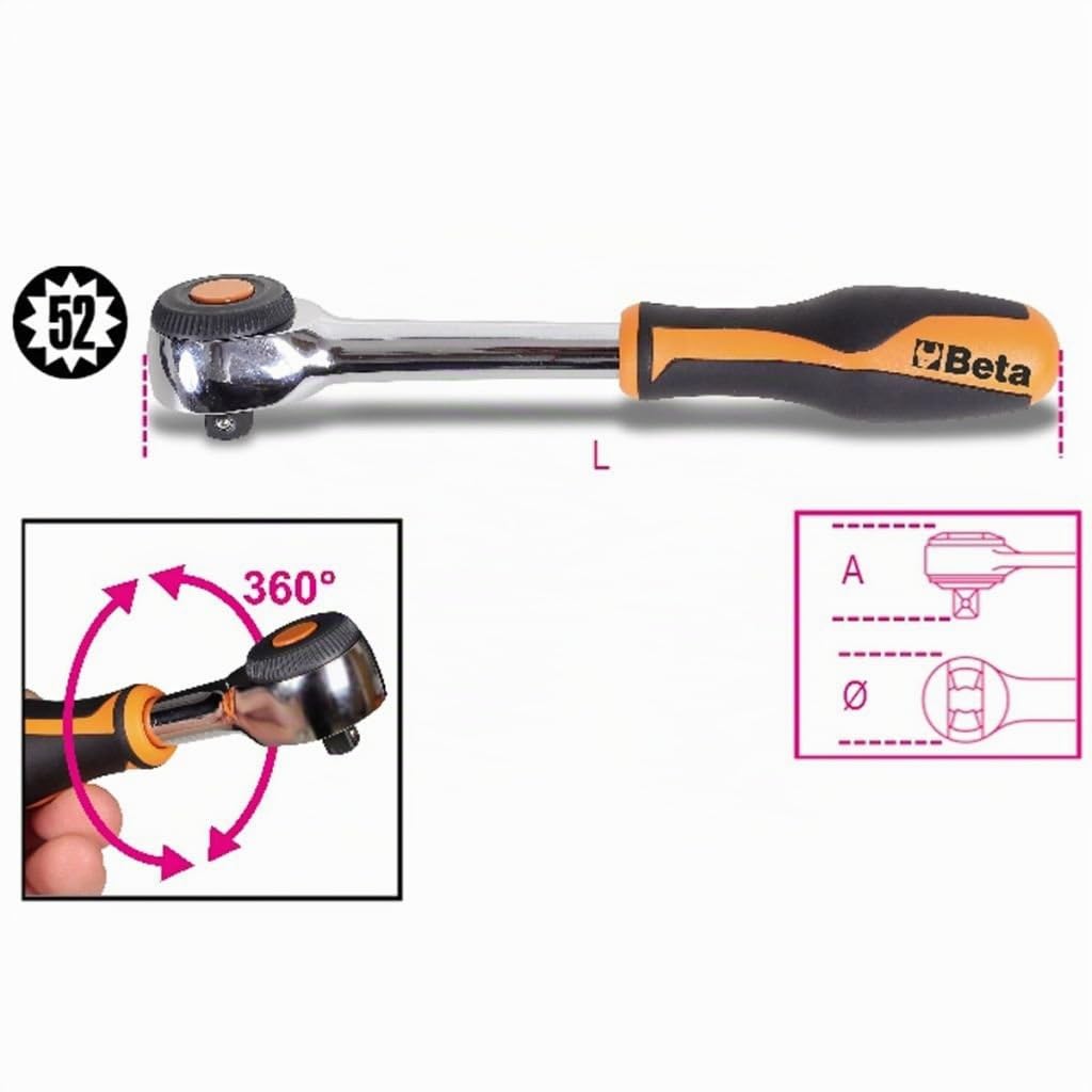BETA - Cricchetto Reversibile 1/2" con Impugnatura Rotante, Chiave a Cricchetto Professionale 52 Denti con Pulsante Sgancio Rapido per Bussole Officina Meccanica e Manutenzione, 920/58