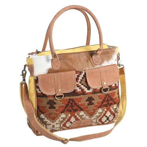 Bags OHV274 Briefcase Upcycled Wool Upcycled Canvas Hair-On Genuine Leather Women Bag Western Handbag Purse