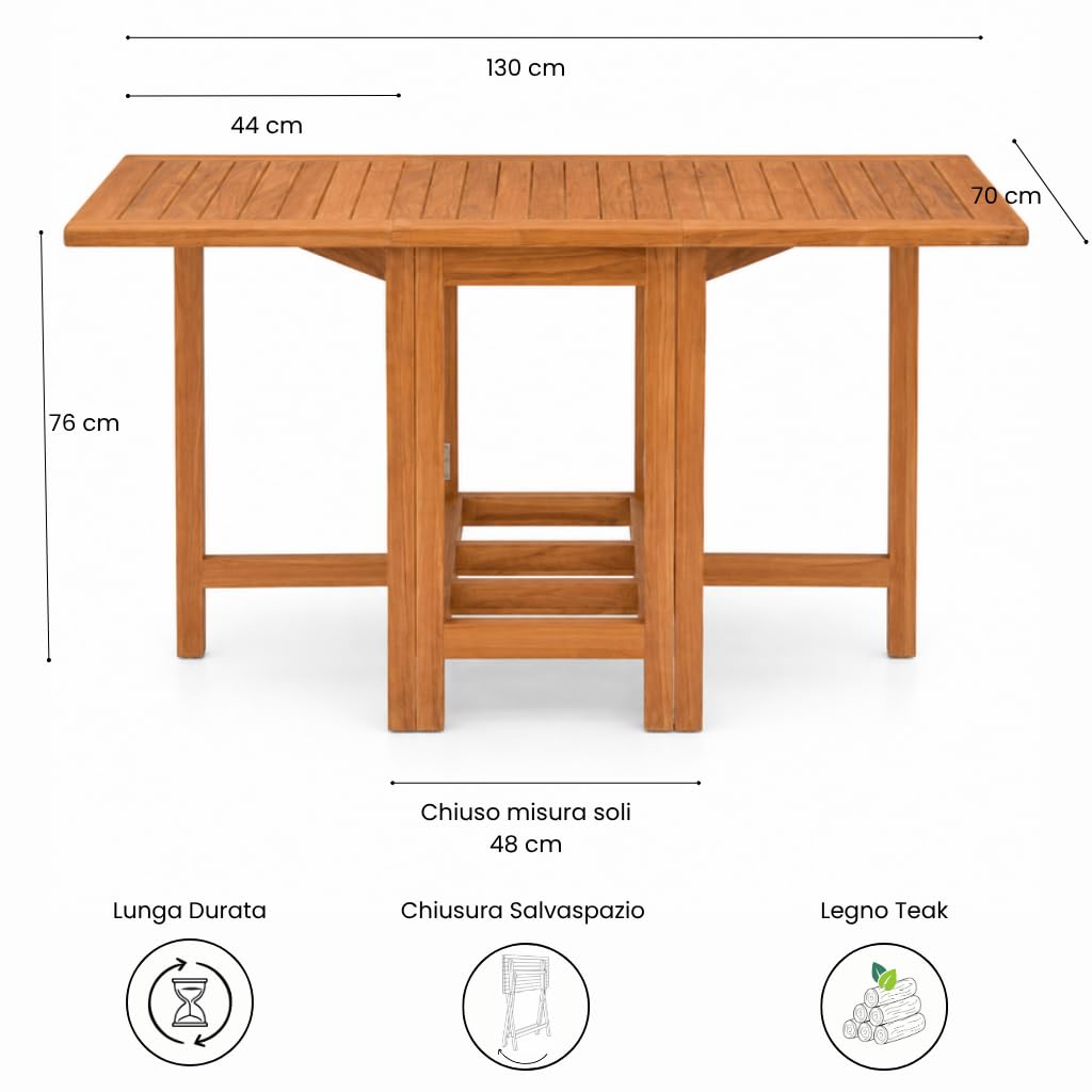 Tavolo Pieghevole a Farfalla in Legno Teak TERRASSE | Tavolo Salvaspazio da Esterno con Ali Richiudibili | Tavolo da Giardino, Terrazza e Balcone in Teak Golden | 130 x 76 x 70 cm