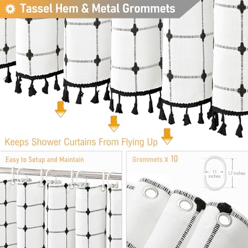 Image of BTTN 60 Inch Stall Shower Curtain - 60x72 Boho Farmhouse Linen Fabric Cloth Shower Curtain Set with 10 Plastic Hooks, Narrow Bohemian Country Decorative Shower Curtain for Bathroom - White and Black