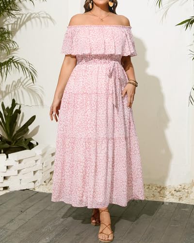 Image of Plus Size Chiffon Off The Shoulder Maxi Long Floral Summer Casual Beach Boho Sundress Women 2024