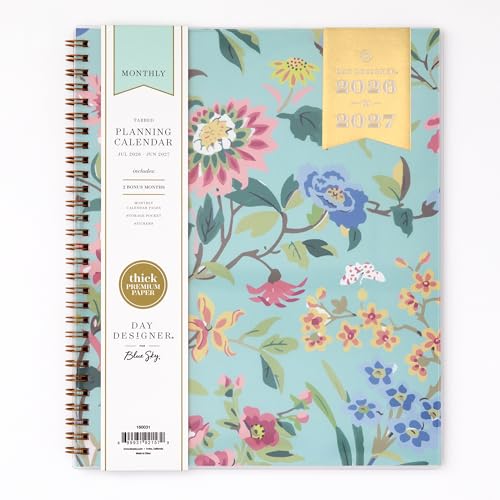 Blue Sky Day Designer 2026-2027 Monthly Academic Year Planner Calendar July 2026 - June 2027 8 x 10 Monthly Layout Flexible Cover Wirebound Laminated Tabs Climbing Floral Mint