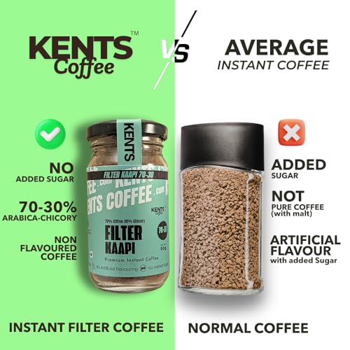 Image of Kents Coffee 70-30 Instant Filter Kaapi | Traditional South Indian Filter Coffee Taste in 30 Seconds | 70% Coffee 30% Chicory | Strong & Bold | No Added Sugar | Hot & Cold Coffee | No Sugar | No Preservatives | Chikmagalur Estate | No Flavour 50g Glass Jar