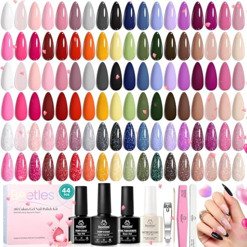 beetles 44pcs Gel Nail Polish Set - 36 Colors Colorful Muse Gel Polish Kit Pink Nude Red Yellow Green Black White Glitter Nail Kit Base Top Coat UV LED Needed Salon DIY Home Valentines Gift for Women