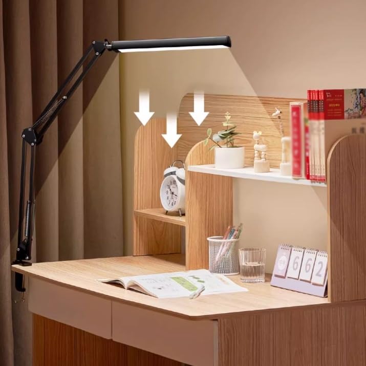 Lampa biurkowa Lampa biurkowa LED z zaciskiem, metalowa lampa wysięgnikiem, składana lampka do czytania chroniąca oczy, 3 tryby kolorów i płynne przyciemnianie, używana w biurze domowym