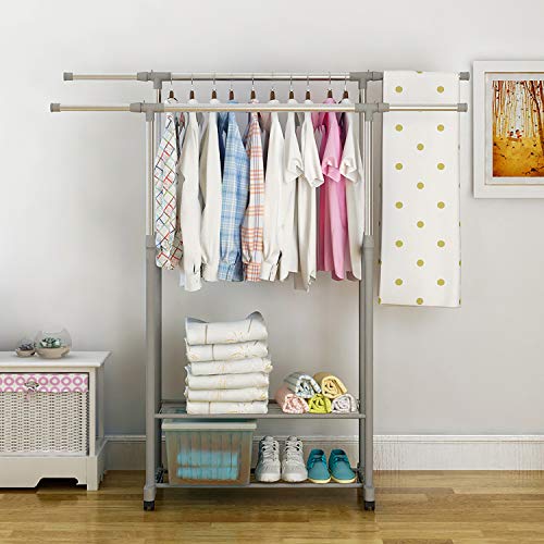 HOME BI Adjustable Garment Rack with 2 Tier Metal Shelf for Shoes Boxes, Rolling Clothes Organizer, High Capacity,Stainless Steel,Heavy Duty up to 110 pounds,Grey
