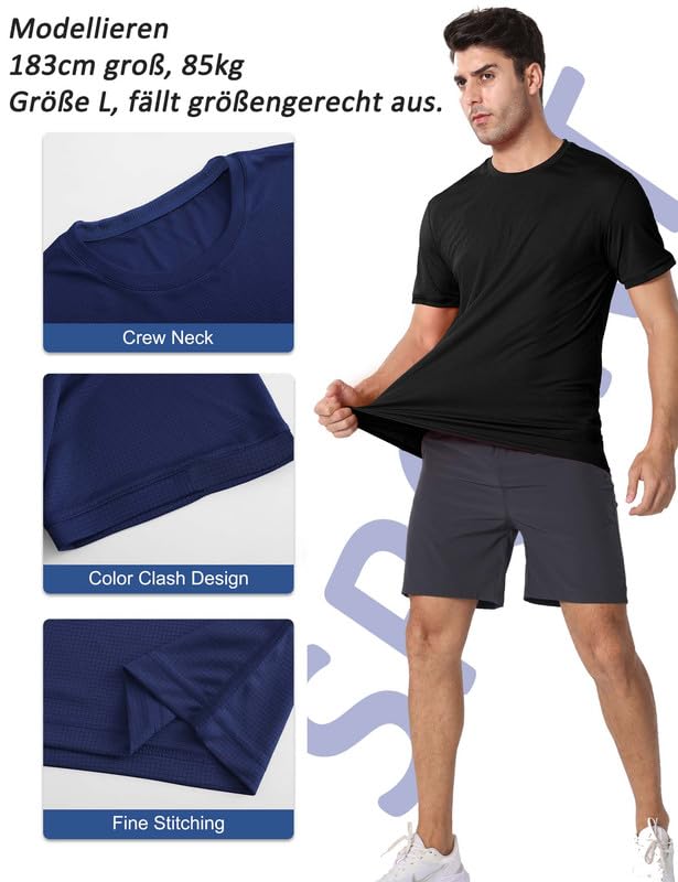 3-Pack Sport Tshirts Męskie koszulki funkcjonalne Szybko suche Oddychająca koszula treningowa Koszula fitness Koszula treningowa do biegania ćwiczeń kulturystycznych-Black/Grey/Navy-chunse-XL
