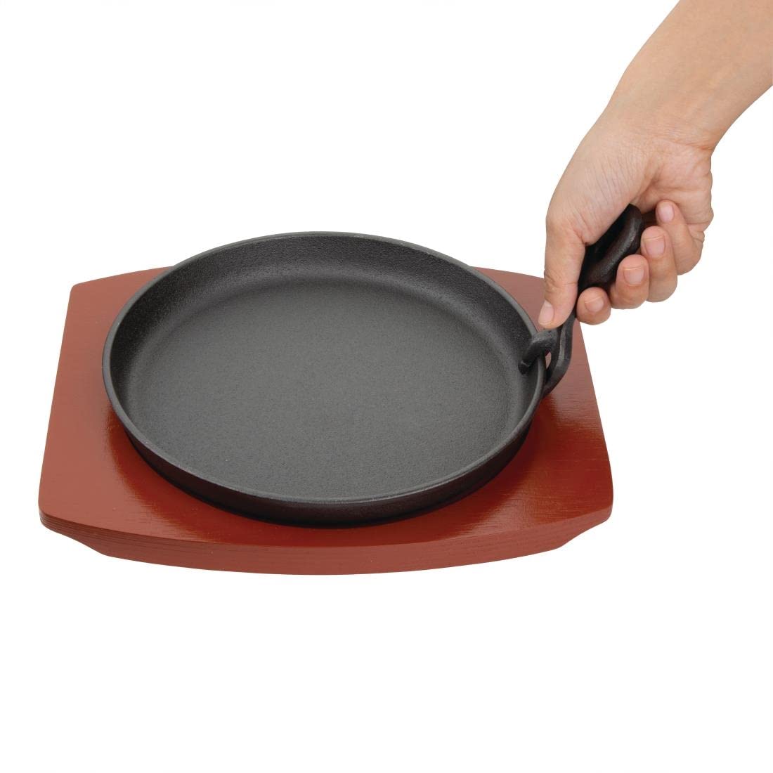 Olympia ghisa rotonda Sizzler con supporto in legno 220 mm piatto da portata