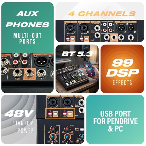 Image of DIGIMORE Professional Audio Mixer with 99 DSP Effects| 2 Mono and 2 Stereo Channel| USB /PC Recording| Bluetooth Connectivity v5.3| Ideal for Live Streaming, Podcasting, Karaoke & Home Studio(D-250PRO)