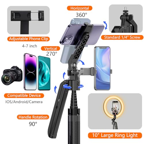 Image of Auto Face Tracking Self Stick Tripod for iPhone with 10 inch Ring Light Hands-Free 360Adjustable 70.9 Inch Smart Phone Stand with Remote for Content Creator Vlog Video Recording