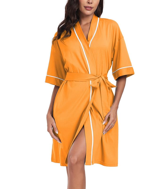ANLIQI Womens 100 Cotton Robes Lightweight Summer Short Sleeve Lady Bathrobe Knee Length Kimono Robe Sleepwear with Pockets