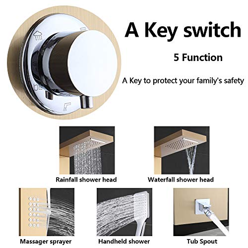 Shower Panel Tower System,Stainless Steel Rainfall Multi-Function Column Wall Mount Shower Fixtures, Waterfall, Rainfall, Hand Shower, Body Jets Massage, Bathtub Spout,Golden (48 Inch) - Thumbnail 7