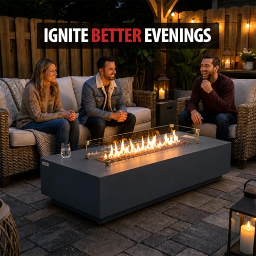Image of AMS Creations | Savanah 72 inch Bundle Rectangular Cast Concrete Propane Gas Fire Pit Table | Dark Gray | Smooth Texture Surface | Electronic Ignition | Outdoor Patio Heater Outside Backyard Fireplace