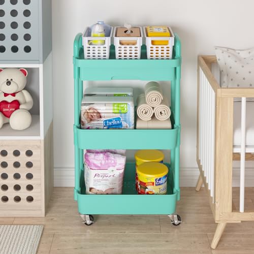 Image of Calmootey 3-Tier Utility Cart with Drawer & Wheels, Storage for Home,Office | Space-Saving Organizer, Sturdy Plastic Shelves, Smooth-Rolling Metal Wheels, Built-in Drawer for Small Items, Green