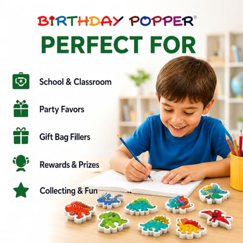Image of Birthday Popper Birthday Return Gift for Kids Dino Erasers, 36 Pcs | 5 mm thick erasers; assorted cartoon dinosaur shapes; suitable for classroom rewards, stationery and school supplies