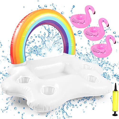 Funmo Aufblasbarer Regenbogen, 1 Getränkehalter Pool + 3 Flamingo Aufblasbare Getränkehalter +1 Luftpumpe, mit 4 Getränk Löchern und 1 Rechteckiger, für Swimmingbad Party und Wasser-Spaß