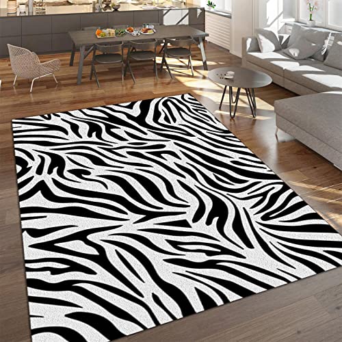 Alfombra con diseño de cebra en blanco y negro, lavable a máquina, 160 x 220 cm