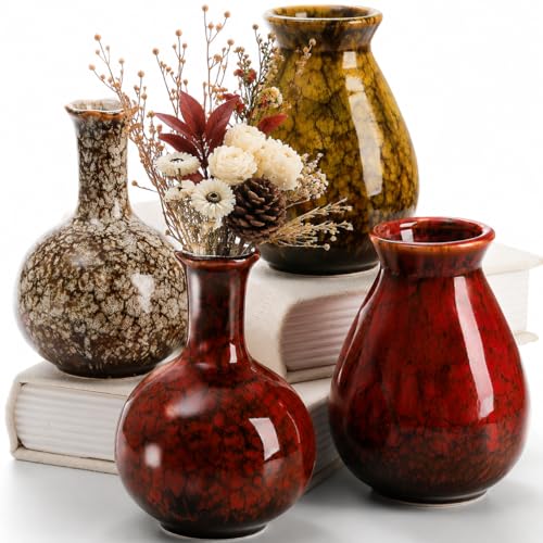 Okllen Set of 4 Ceramic Flower Vases Farmhouse Decor Boho Decor Red and Yellow Reactive Glazed Color Small Flower Vases Centerpiece Table Decorations Decorative Ceramic Vase for Home Living Room
