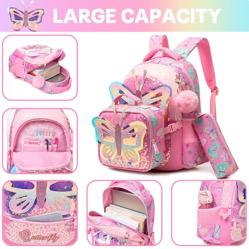 Meetbelify Backpacks for Girls School Backpacks with Lunch Box Pencil Case for Elementary Students Ages 8-10 Kids Travel Backpack 3 in 1 Backpack Set for Girls Butterfly4