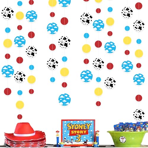 Image of Cartoon Story Party Decorations Blue Yellow Red Circle Dot with Cloud and Cow Print Polka Dots Garland Streamer for Kids Birthday Baby Shower Toy and Story Carnival Theme Party Decorations Supplies