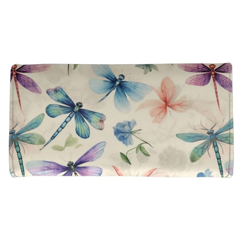 Women's Wallet Watercolor Dragonfly Floral Leather Trifold Purse With ID Window, Painting Dragonflies Ladies Credit Card Holder Zipper Coin Pocket3
