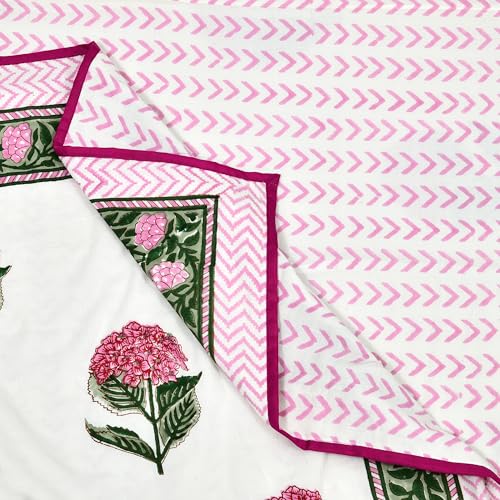 Image of BLOCKS OF INDIA 100% Cotton Dohar King Size Reversible Hand Block Printed Malmal Summer Dohar /Blanket (Pink Green Rose)