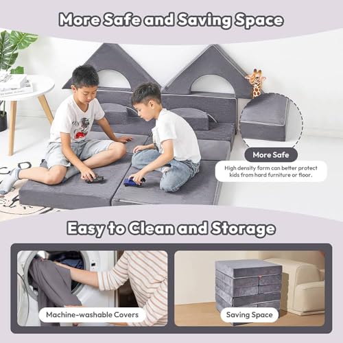 أريكة لعب معيارية للأطفال الصغار لغرفة اللعب، مجموعة ألعاب تسلق إسفنجية قابلة للتحويل، أريكة لعب ابداعية خيالية للأولاد والبنات من هيبي، 14 قطعة، لون رمادي