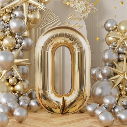 Image of AULE 40 Inch Large 0 Balloon Numbers Light Gold, Big Foil Number Balloons, Giant Helium Happy Birthday Party Decorations for Man and Women, Huge Mylar Anniversary Party Supplies