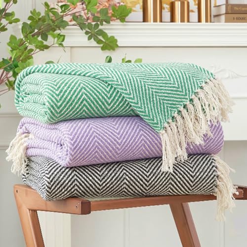 Image of SAJAVAT HOME Hand-Knitted Cotton Sofa Throw | White & Purple with Tassel Design for 3 & 5 Seater Sofa & Bed | Soft Lightweight All-Season Throw Blanket (80x52 Inches)