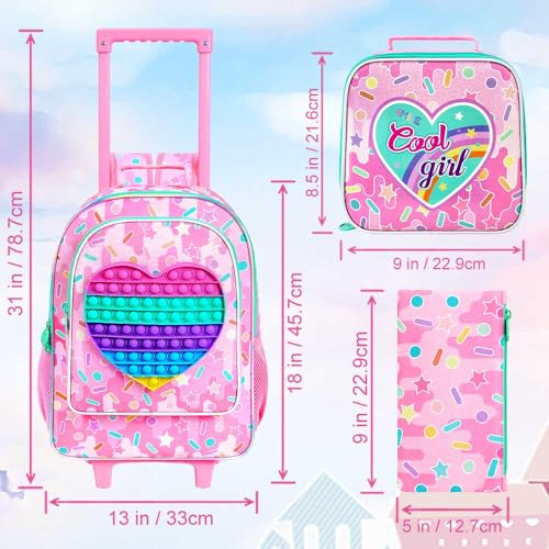 4PCS Love Rolling Backpack for Girls - Cute Wheeled School Set with Lunch Box,Water Resistant Roller School Backpack on Wheels for Elementary Kids Travel4