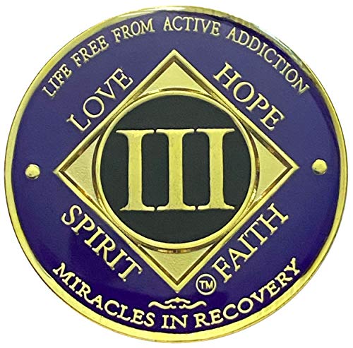 NA 3 Year Golden Color Plated Medallion, Recovery Coin, NA Token, Narcotics Anonymous Recovery Chip, NA Recovery Gift (purple & Golden Colors)