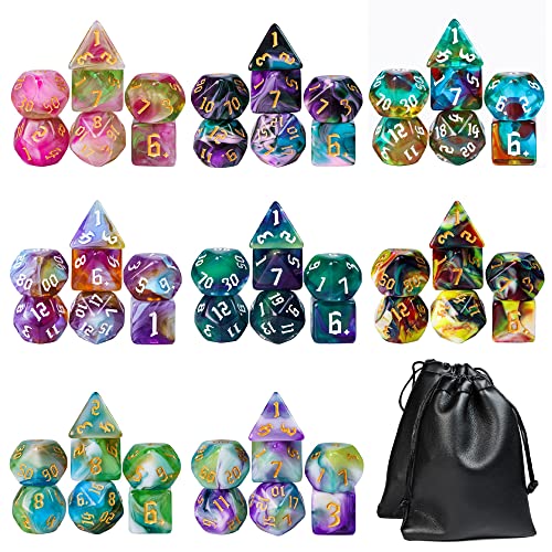 Image of 8 Sets Polyhedral Dice Set D&D, 56pcs DND Dice Set with 2 Large Leather Bag for RPG Table Games