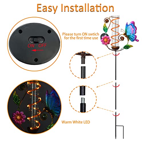 Bayn 36.3” Rain Gauge Outdoor Solar Powered 10 Leds 7” Tube Garden Butterfly Metal Decorative Stake With Waterproof Large Glass Tube Rain Guage For Yard, Garden, Patio, Lawn #TOP2