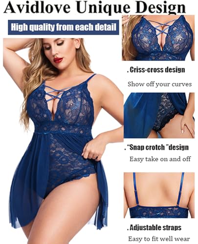 Image of Avidlove Plus Size Babydoll Womens Snap Crotch Lingerie V Neck Lace Nighty Sleepwear L-5XL