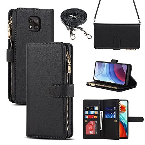 iCoverCase for Motorola Moto G Power 2021 Wallet Case with Card Holder, Kickstand Feature PU Leather Case with Adjustable Crossbody Lanyard Magnetic Clasp Zipper Pocket Flip Cover (Black)