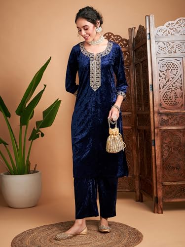 Image of Women Velvet Embroidered Straight Kurta