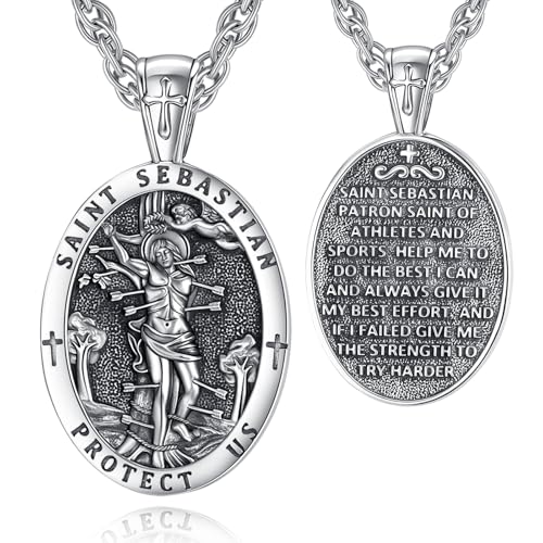EUDORA Saint St Sebastian Necklace Medal for Women Men S925 Sterling Silver ST Sebastian Protect US Pendant for Protection Christian Religious Jewelry Faith Gifts for Women Mens 22+2
