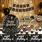 Black and Gold Birthday Decorations - Party Supplies Kit with Tablecloth, Paper Plates, Photo Props, Crown Foil Balloon, Fringe Curtains, Cake Toppers and Banner for Men Women 18th 21st 30th 40th 50th - Image 4