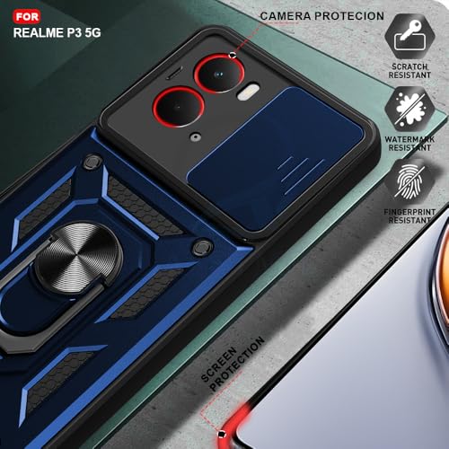 Image of AESTMO Tough Armor Realme P3 5G Bumper Back Case Cover | Ring Holder & Sliding Camera Shield Cover | 360 Degree Protection Back Case Cover for Realme P3 5G (Blue)