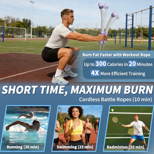 Image of Pinailon Ropeless Battle Ropes, Workout Exercise Rope for Strength Building, Heavy Duty Portable Cordless Battle Ropes for Home Gym, HIIT and Low-Impact Aerobic Training for Men & Women, Purple